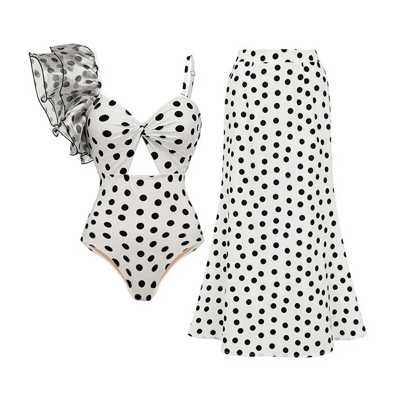 Ensemble de Maillot de bain une pièce et paréo imprimés à pois noir | Galyah