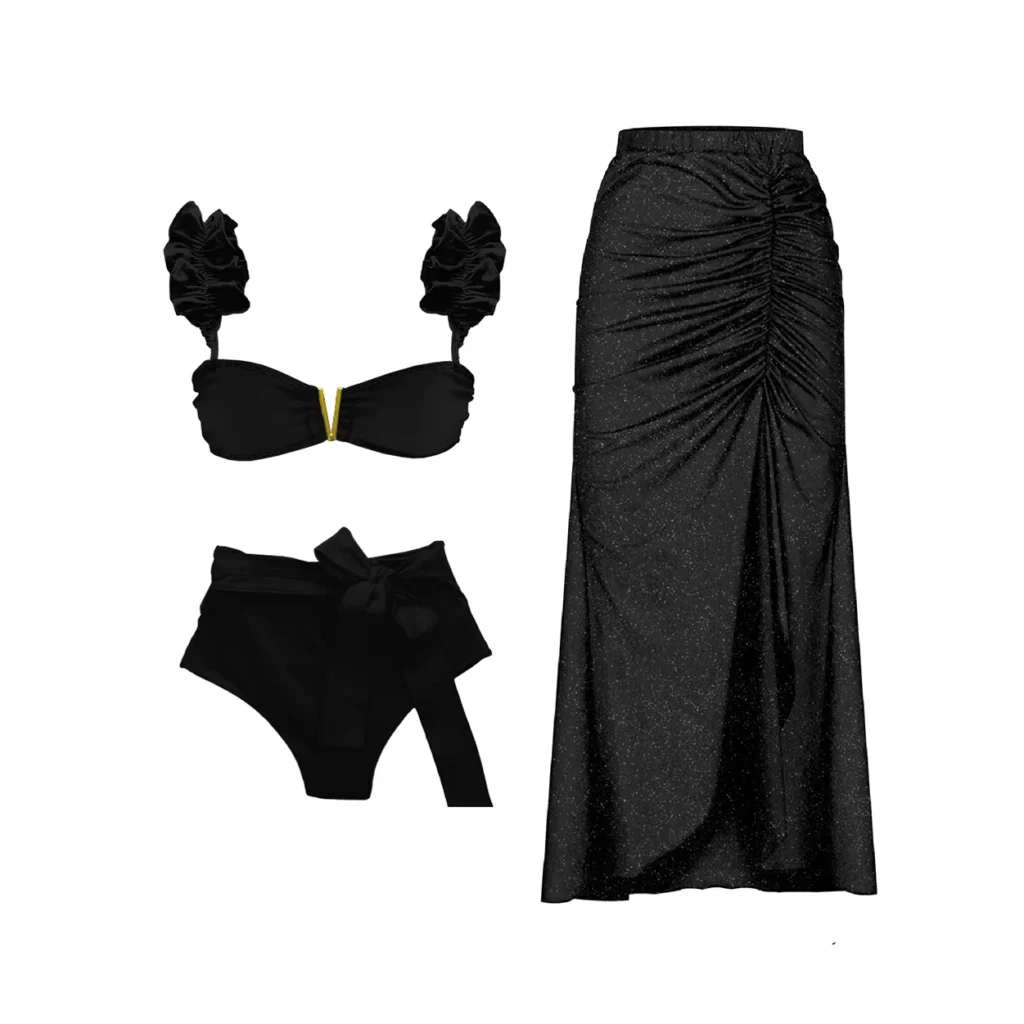 Ensemble Bikini noir et paréo assorti taille haute et épaulettes | Omayra