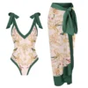 Maillot de bain 1 pièce et paréo assorti blanc et vert  | Faylinn