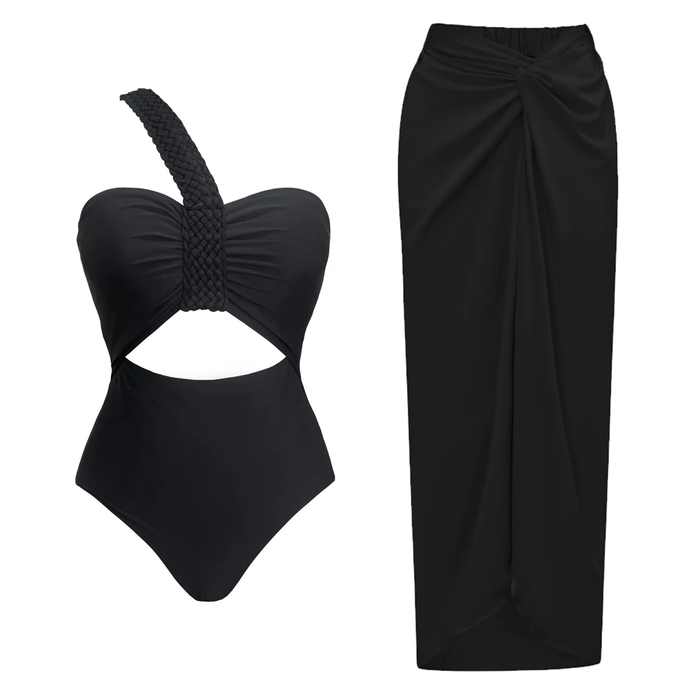 Ensemble de maillot de bain une pièce et jupe assortie noir asymétrique | Rosina