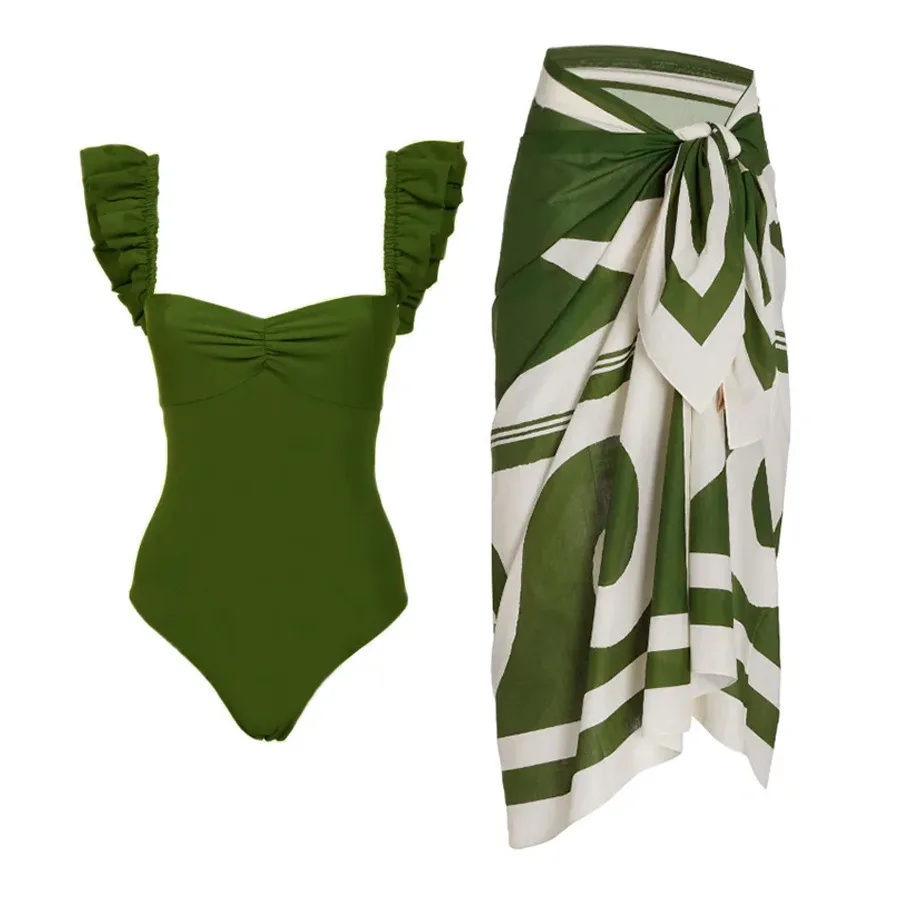 Ensemble maillot de bain une pièce et paréo vert avec imprimés | Urika