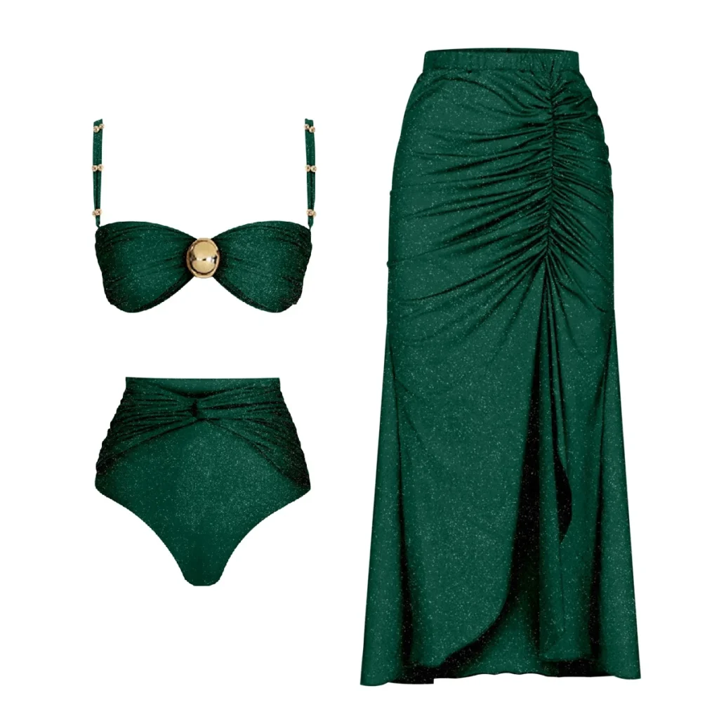 Ensemble Bikini et paréo assorti taille haute vert | Kalira