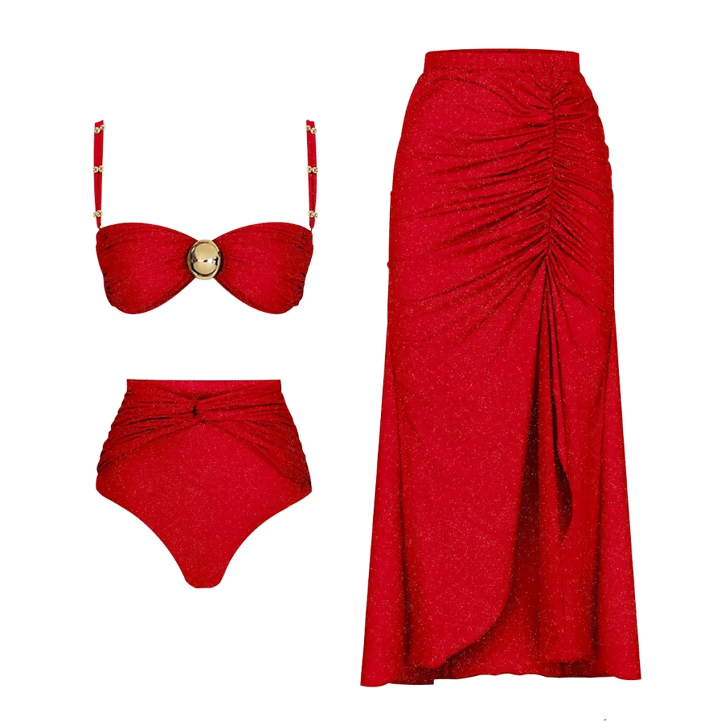 Ensemble Bikini Rouge et paréo assorti taille haute | Jorina