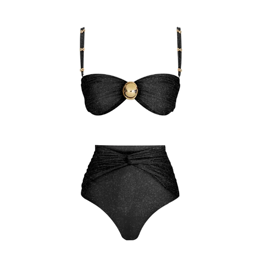 Bikini noir taille haute avec détails doré | Olivya