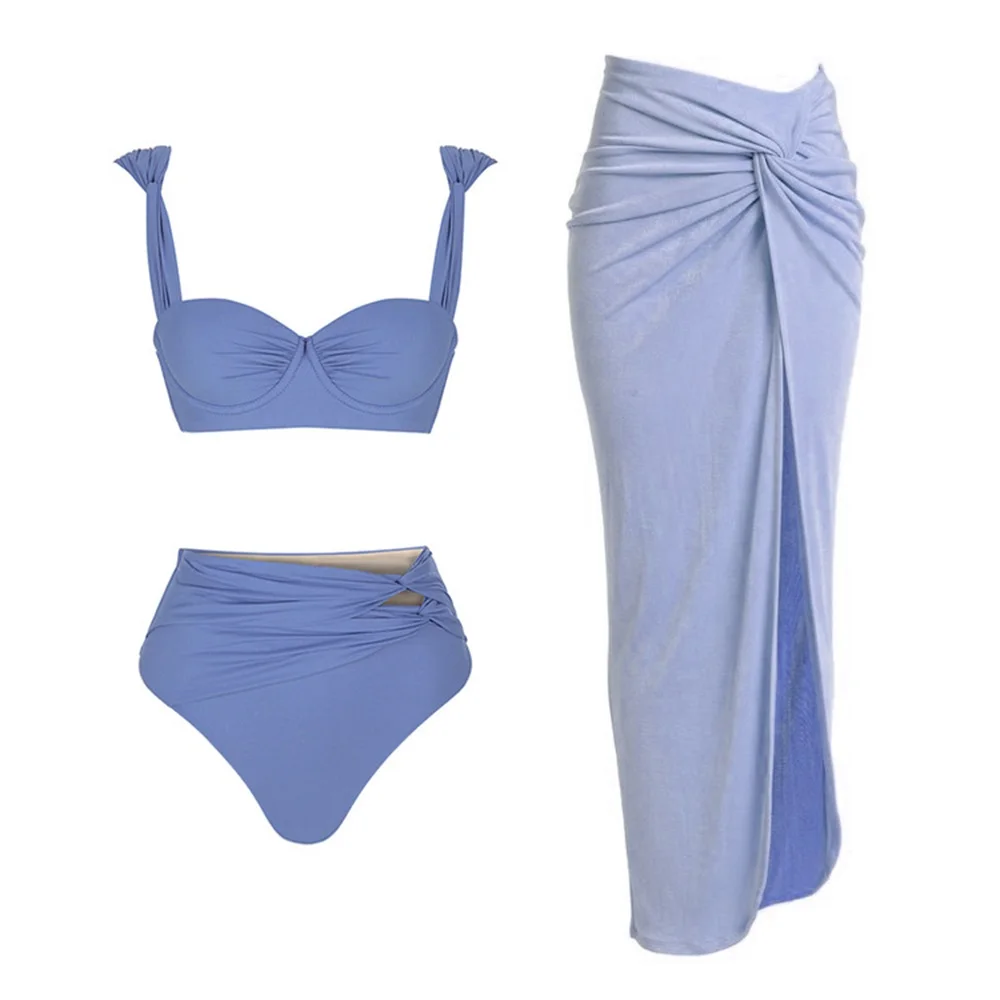 Ensemble Bikini et Paréo assorti taille haute bleu ciel | Lamina